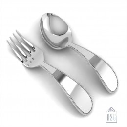 Sterling Silver Baby Spoon and  Fork Set - Classic Beaded