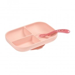 Silicone Suction Divided Plate with 2nd Stage Spoon - Pink