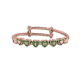 Personalised Silver Twisted Bangle Bracelet - 18 Kt Pink Gold Plated with Heart Cubes -Green